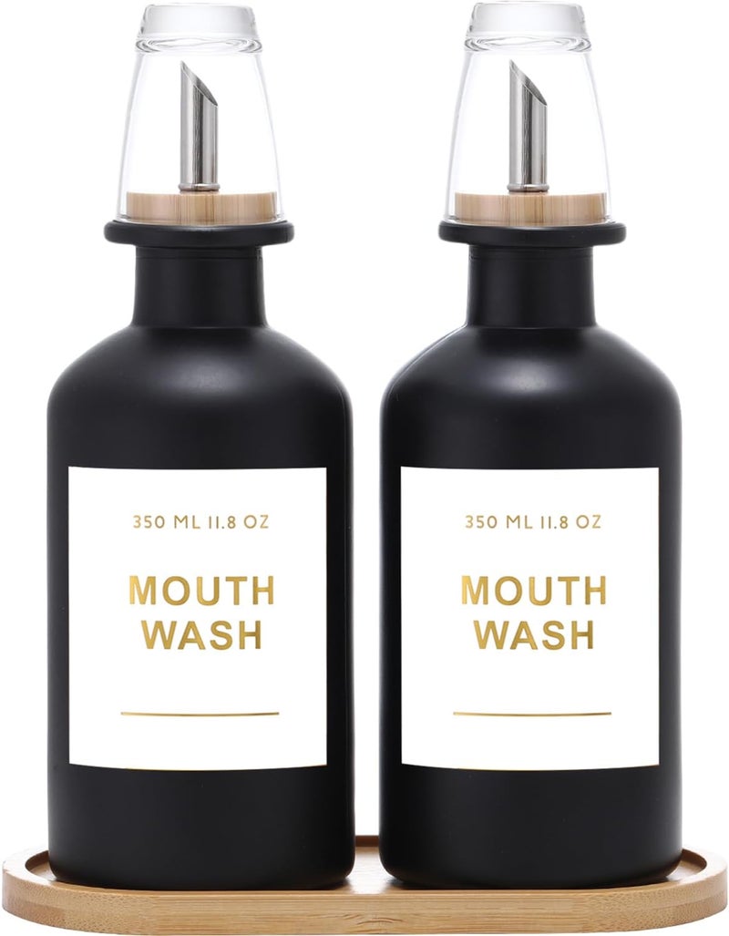BONLONG 11.8OZ Glass Mouthwash Dispenser for Bathroom with Stainless Steel & Bamboo Nozzle, Mouthwash Cup Reusable, Bamboo Tray, and Elegant Gold Sticker.Set of 2（Black - Image 1
